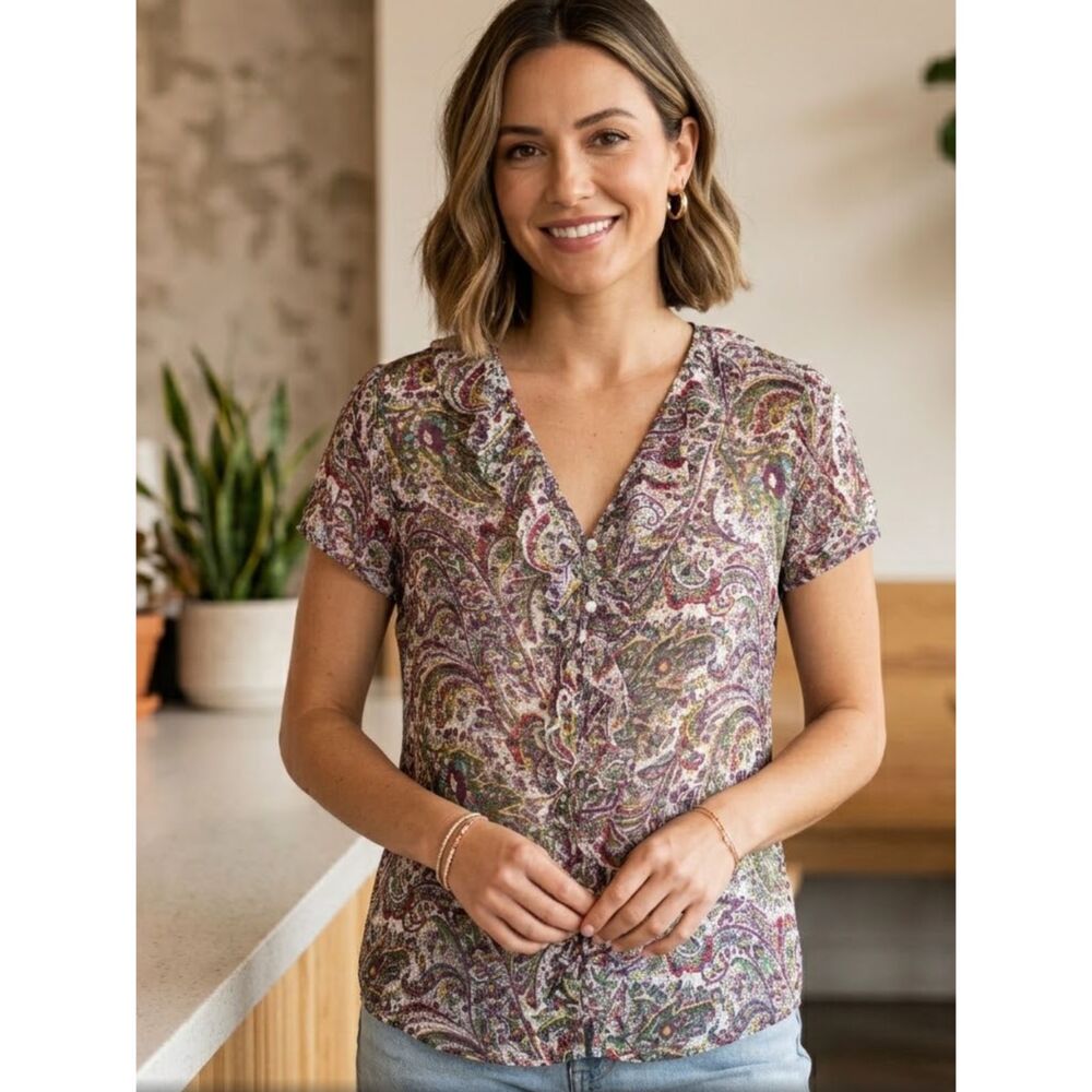 LOFT Sheer Paisley Ruffle Button Up Short Sleeve Blouse Women's Size Large